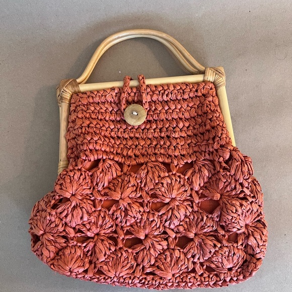 Orange Crochet Raffia Bamboo Handle Button Closure Summer Beach Lined Tote Bag - Picture 1 of 6